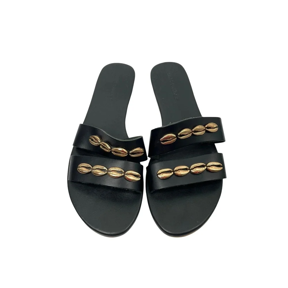 SALT +‎ UMBER Cowrie gold Shell Leather slide Sandals Size 8 black chic boho
